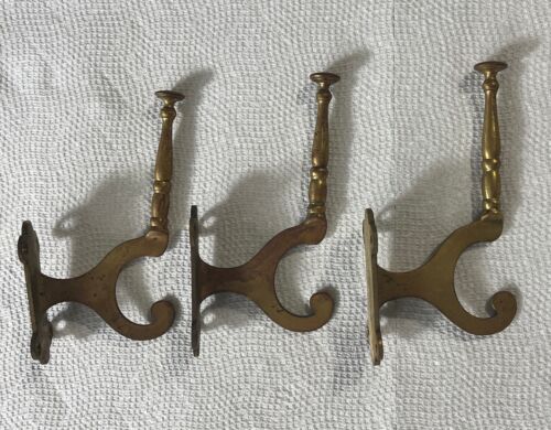 3 Vintage Brass Double Coat Hat Hooks 5.5” - Picture 1 of 7