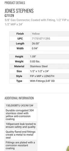 5/8″ Gas Connector, Coated W/ Fitting, 1/2″ FIP x 1/2″ MIP x 24″ Stainless JONES - Picture 5 of 6
