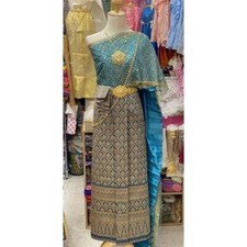 Thai Traditional Silk Embroided Woman Dress Wedding Royal Skirt Shirt Sash Dance