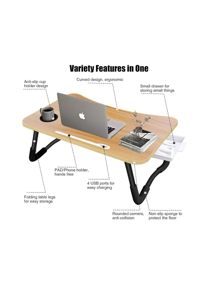 Laptop Desk Stand Foldable W/ Fan And Light IPad Slot Cup Slot 4 USB Ports Beige - Image 2 of 4