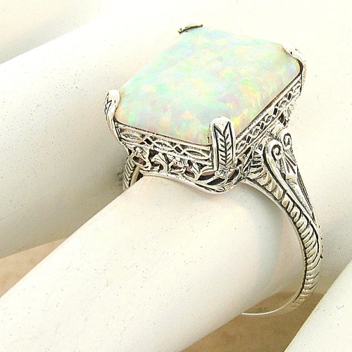 ANTIQUE STYLE 925 STERING SILVER 3 CARAT LAB-CREATED WHITE OPAL RING        919X