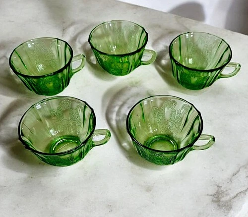 Federal Depression Glass Sylvan Parrot Uranium Green - 5 Cups