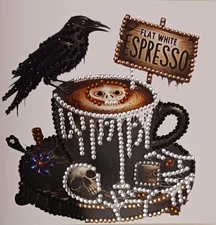 Finished Halloween Raven Espresso Drink Diamond Art Greeting Card with Envelope
