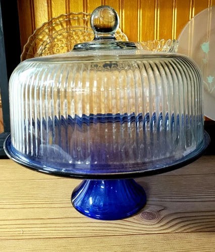 Vintage Cobalt Blue Glass Cake Stand with Textured Bottom & Ribbed Dome Lid MCM