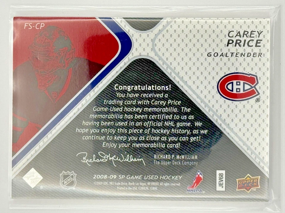 2008-09 Upper Deck SP Game Used Famous Fight Straps - Carey PRICE # 1 / 3 🥅 - Image 2 of 3