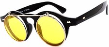 Flip Up C5 Gothic Retro Round Circle Plastic Sunglasses Black Frame Yellow Lens