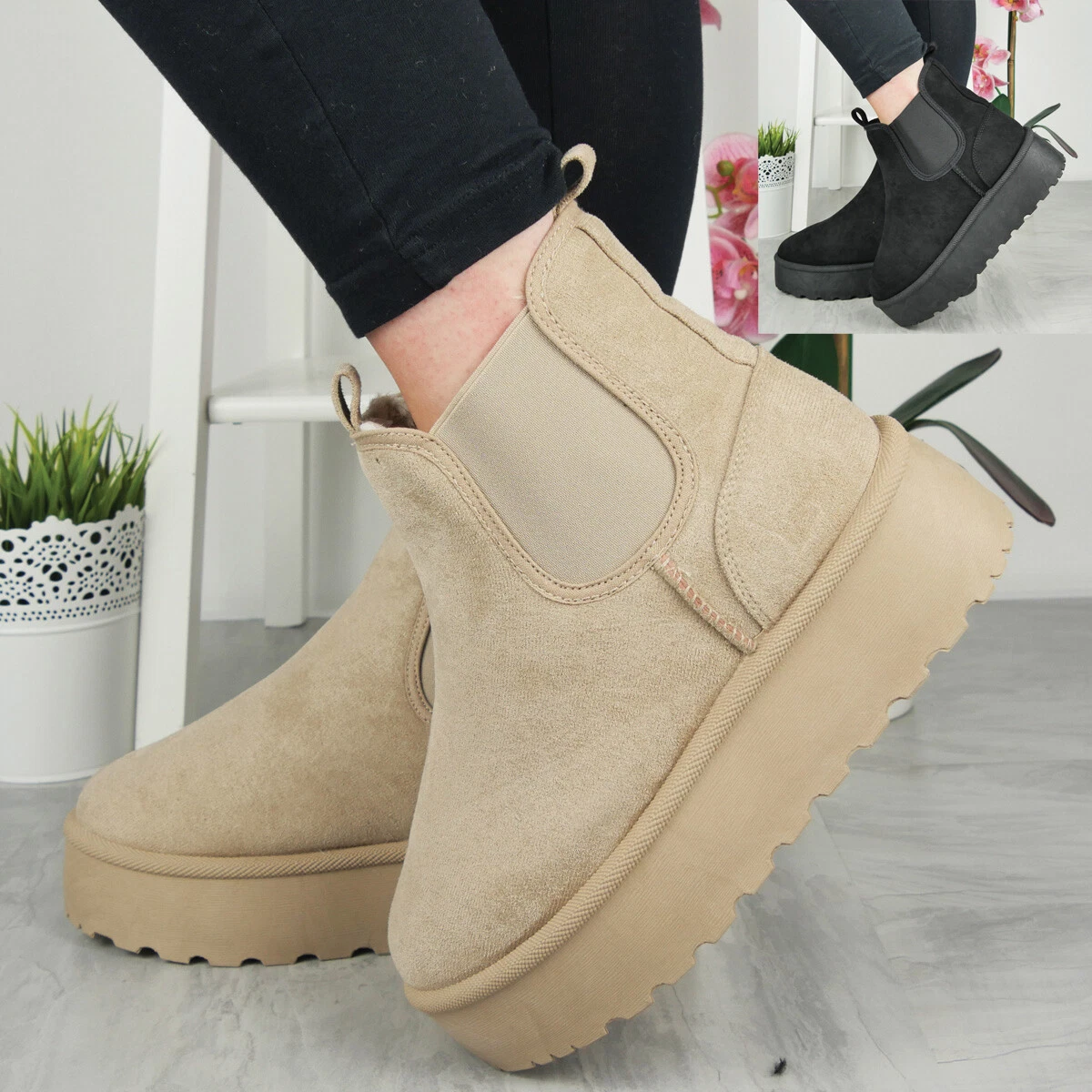 Flatform Boots Shoes Ladies Faux Fur Grip Lined Wedge Platform Zip Womens Sizes