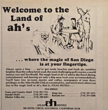 Atlas Hotels San Diego CA Land of Ah's - Dorothy Tin Man Vintage Print Ad 1977