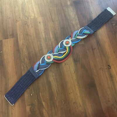 Vtg 80s Multicolor Braided Woven Rope Belt Silver Gems Back Closure 26-30 