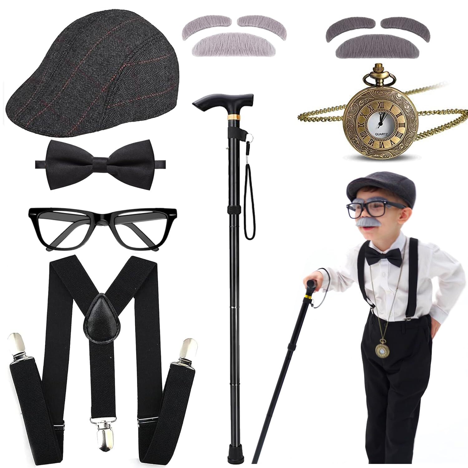 Kids 100 Days of School Costume for Boys - Halloween Old Man Costume Hat Glas...