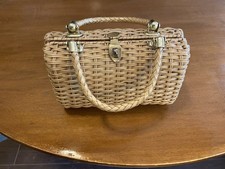 Vintage Tan Rattan Structured Handbag Box Purse Made in Hong Kong