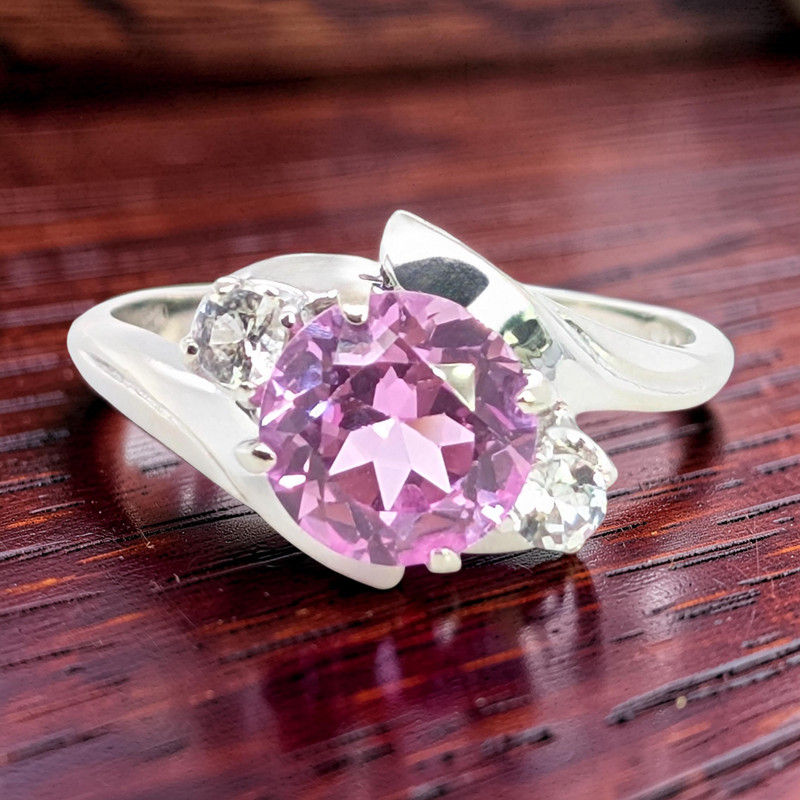 ESTATE SOLID 10K WHITE GOLD LAB PINK SAPPHIRE RING SIZE 6.25 #8070