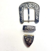 Western 3 Pc Belt Buckle 1 Set Antique Floral Engraved Ranger Style Silver Tone