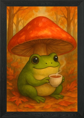 Frosch mit Tee unter Pilz gerahmtes Wandbild Poster Leinwanddruck Bild