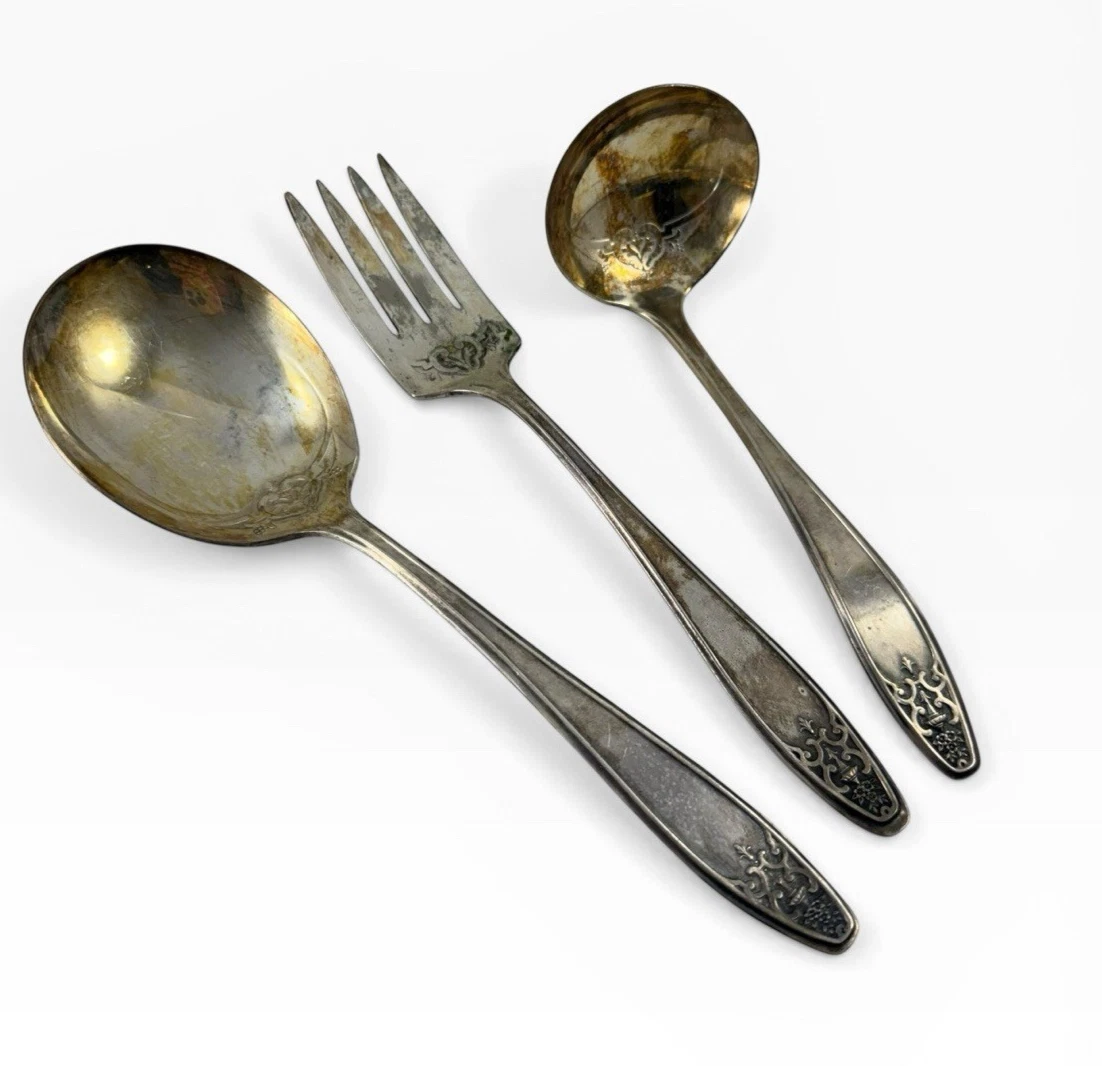 Trio of Vintage Lady Doris Silverplate Serving Pieces Fork, Spoon and Ladle