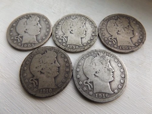 LOT OF 5 VINTAGE BARBER QUARTER DOLLARS,1905,1908,1909,1910 AND 1916-D HEAVY WEA
