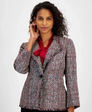 Kasper Petite One-Button Fringe Tweed Blazer Women's 2P Red Multi Long Sleeve