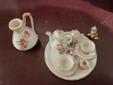 Antique Vintage Style Child Tea Party Set Miniature Doll China Flower Vase Cat