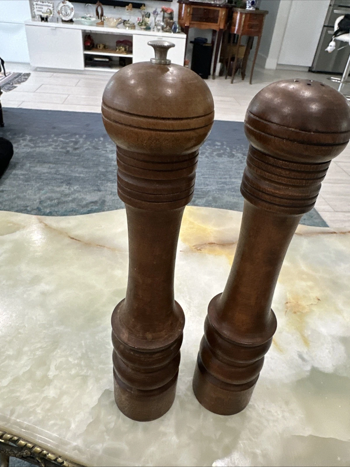 Vintage Woodcrest 10” Tall Set of Wood Salt Shaker & Pepper Mill Grinder Japan