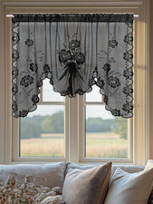 Black Semi-Sheer Floral Lace Curtain Swag for Kitchen Half Window Bathroom Decor