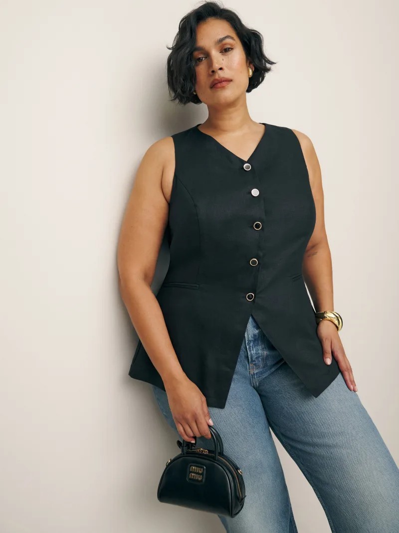 Reformation Womens 18 Linen Top Es Vest Sleeveless Gold Button Buckle Back