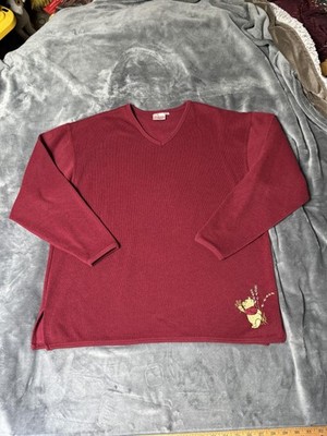 Vtg The Disney Store Sweater Womens XL Red Winnie Pooh Embroidered V Neck Y2K