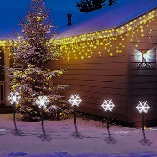 Solar Pathway Lights Christmas Garden Snowflake Decorations Outdoor 5 Pack Led - Picture 2 of 7