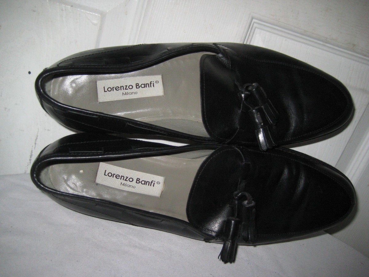 VTG Lorenzo Banfi Italy Leather Tassel Loafers Black Mens 10 Luxury Classic Lorenzo Banfi Embossed Black Pebble Calf Oxfords Men 10UK  main image 2