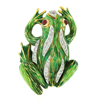 18k Two Tone Gold Detailed Mosaic Green Enamel w/ Diamond & Ruby Frog Brooch Pin - Image 1 of 4