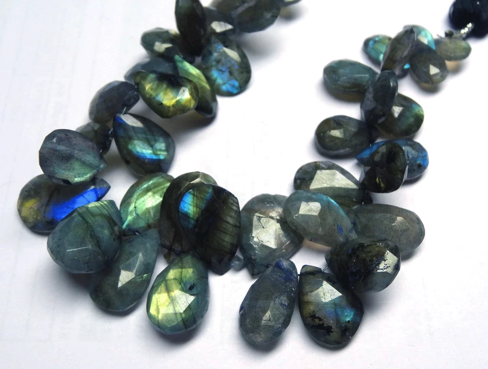 189.ct 8" FULL POWER Blue Fire Labradorite FACETED PEAR shape BEADS 9 TO 16 MM  - Image 2 of 4