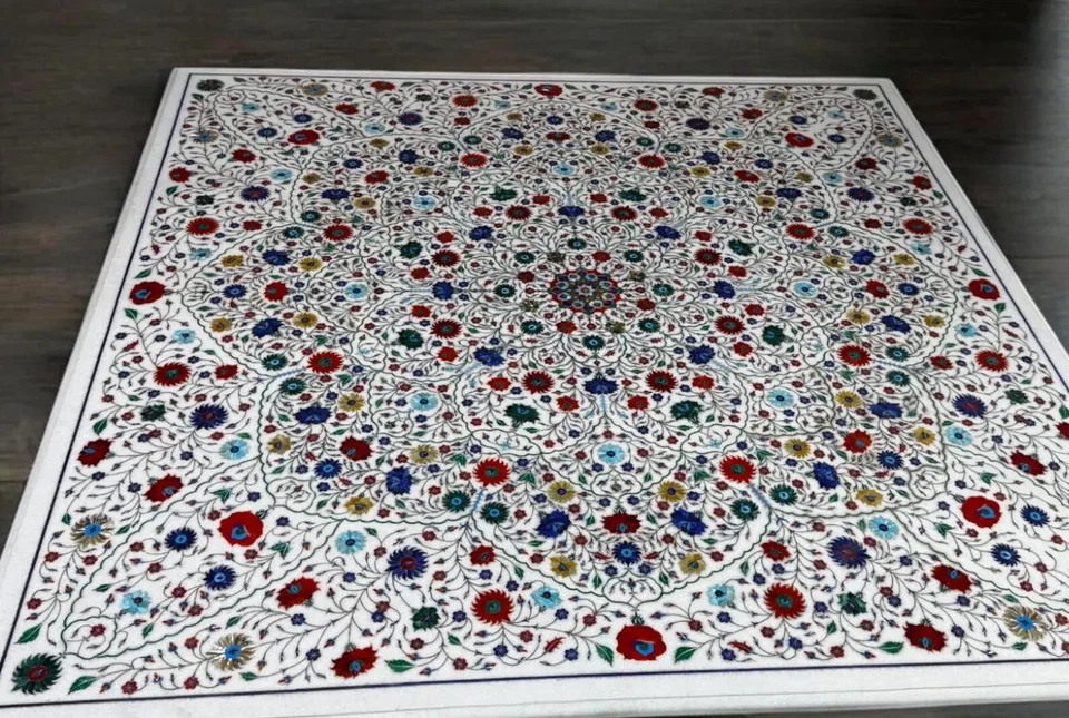 36" White Marble Inlay Table Top | Handmade Square Dining Table | Gemstone Decor - Image 3 of 4