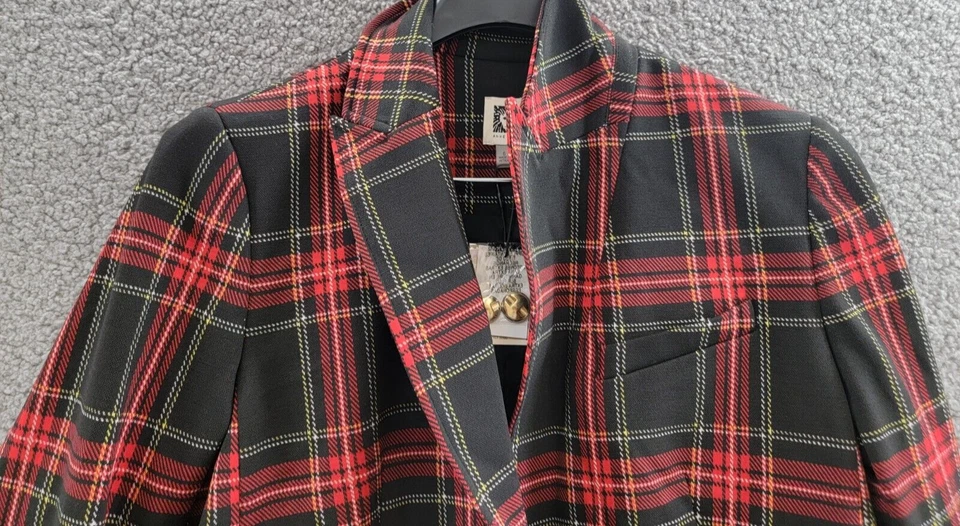 Chaqueta Anne Klein a Cuadros de Un Botón Para Mujer 6 Tiziano Rojo Combo Bolsillos con Solapa L/S Foto 3 de 4