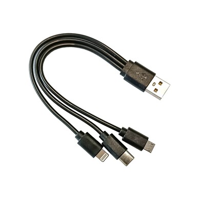 3 in 1 USB Lade Kabel Ladekabel Micro USB USB-C 8 PIN Stecker 20cm schwarz 0,2 m