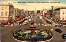 Vtg linen post card DEXTER AVENUE LOOKING EAST AT STATE CAPITOL,  MONTGOMERY, AL