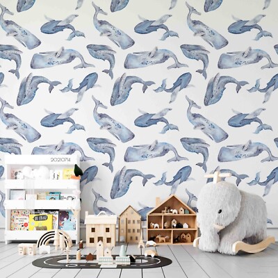 3D Whale Animal Watercolor Pattern Wallpaper Wall Murals Removable Wallpaper