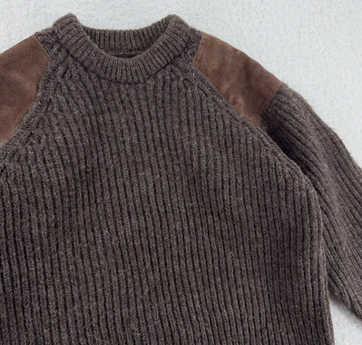 NIFFI Wool Knit Sweater Brown Suede Leather Elbow & Shoulder
