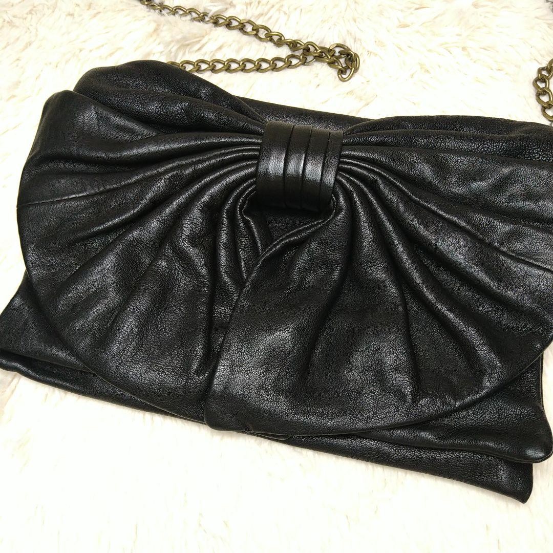 Red Valentino Shoulder Bag Purse Clutch Chain Ribbon Leather Black Authentic thumbnail 5