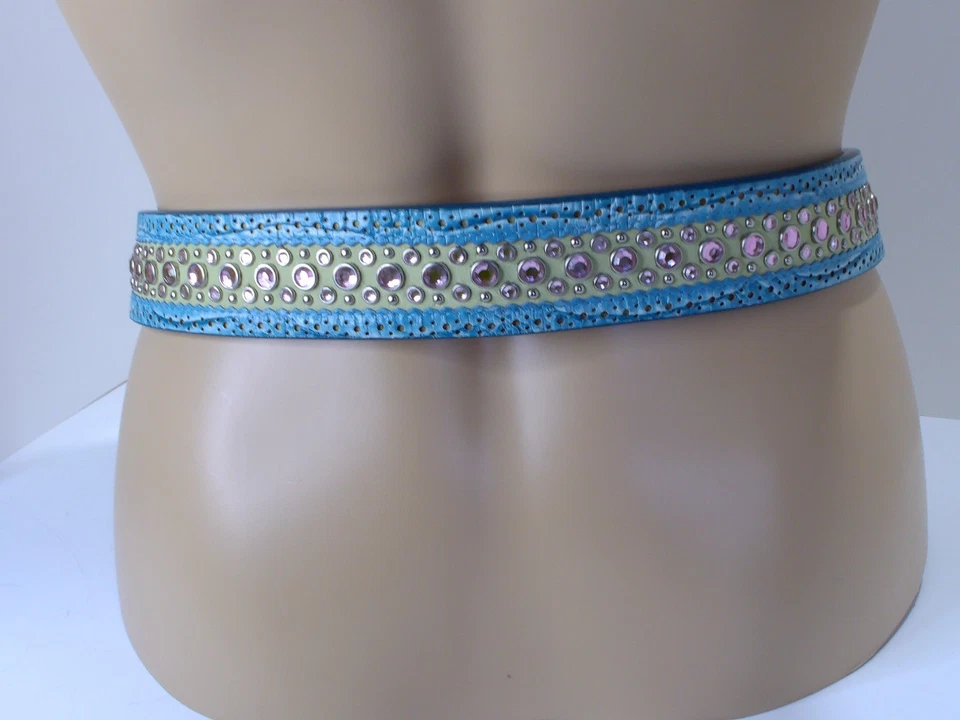 Ariat, Hebilla Plateada Artesanal, Estrás, Cinturón Cuero Azul/Verde.  Foto 2 de 4