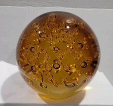Vintage Controlled Bubble, LARGE  Amber Art Glass Paperweight 4x 5" 
