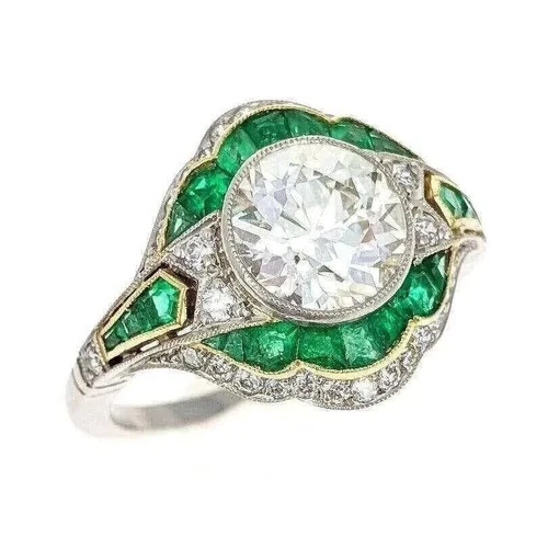 Art Deco Vintage Style Lab-Created Diamond & Emerald Wedding 925 Silver Ring