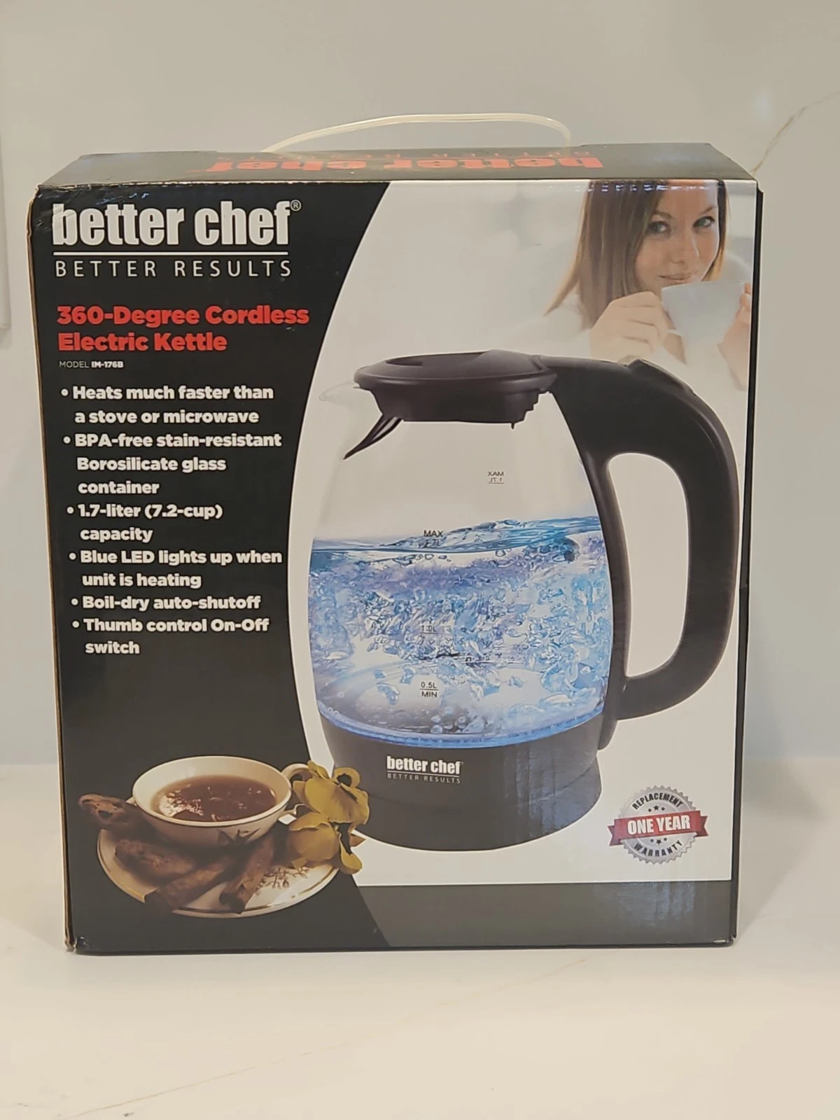 Better Chef 1.7 Liter Glass 360 Degree Cordless LED Electric Kettle NIB