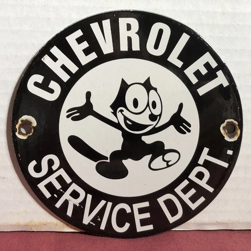VINTAGE CHEVROLET 6”PORCELAIN SIGN FELIX THE CAT CHEVY CAR TRUCK DEALER USA