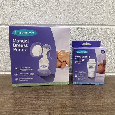 Lot of 2 Lansinoh Manual Breast Pump + Breastmilk Storage Bags 50 Ct