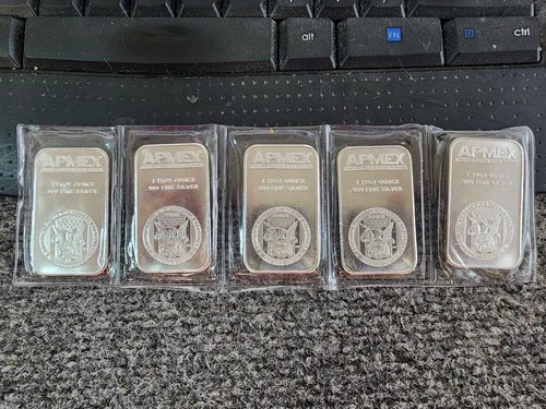 1 oz Silver Bar - APMEX (Lot of 5 Bars) Bullion
