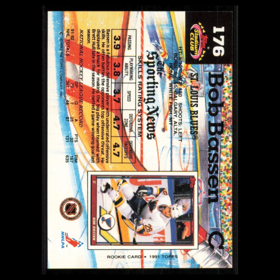 Bob Bassen #176 1992 Stadium Club St. Louis Blues Hockey Card NHL NM - Image 2 of 3