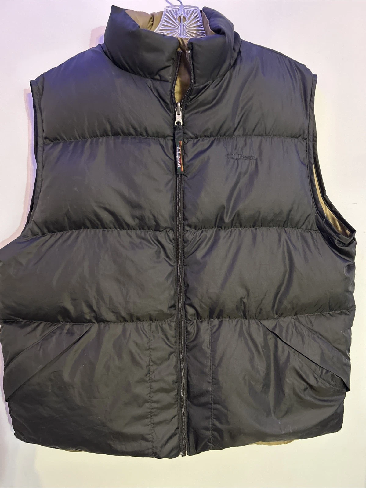 LL Bean Goose Down Puffer Vest Mens L Reversible Tan Brown Black Outdoors