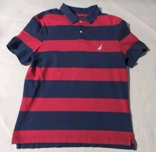 Nautica Shirt Men's Large Red Blue Striped Short Sleeve Polo Logo Embroidered