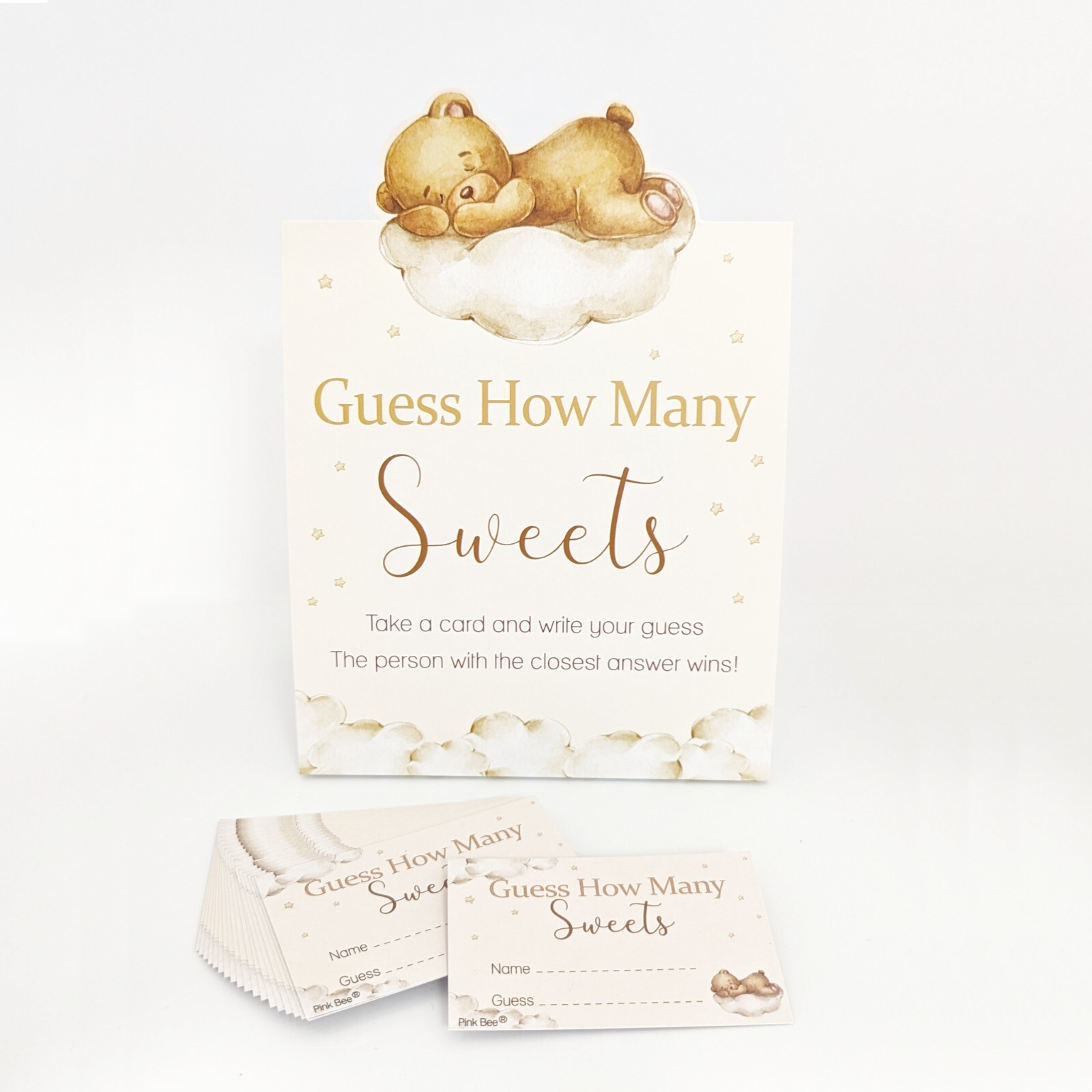 Baby Shower Game - Teddy, Prediction Cards, Unisex, Bear, Brown, Cream, Neutral