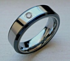TUNGSTEN CARBIDE GENUINE DIAMONDS 6MM MEN'S BAND WITH BLK CERAMIC EDGES SZ 4-9.5