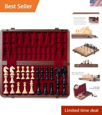 15'' Elegant Folding Chess Board with Triple-Weighted Staunton Pieces & Queens